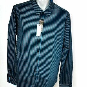 Point Zero Shirt Button Teal Blue Black Stripe New
